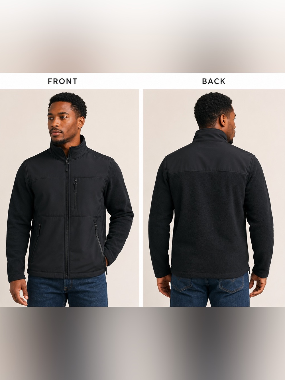 Faded Glory Men’s Black Soft Shell Fleece Jacket Full Zip Coat Size L Windproof
